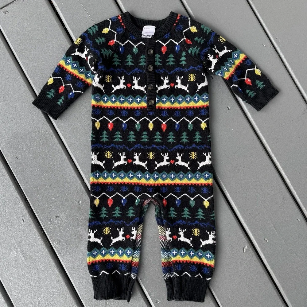 Hanna Andersson 18–24M Holiday Fair Isle‎ Reindeer Knit One-Piece Romper Nordic